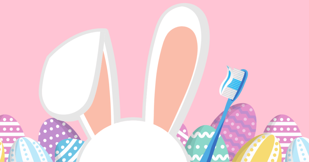 easter bunny ears next to toothbrush with easter eggs in background