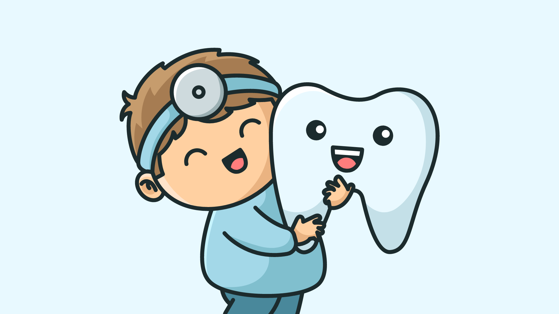 kid dentist holding smiling cartoon tooth